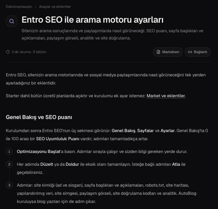 Entrobase belgesinde Entro SEO sayfası: SEO Uyumluluk Puanı ve robots.txt, site haritası, yapılandırılmış veri ve site doğrulama kodlarını sayan adımlar