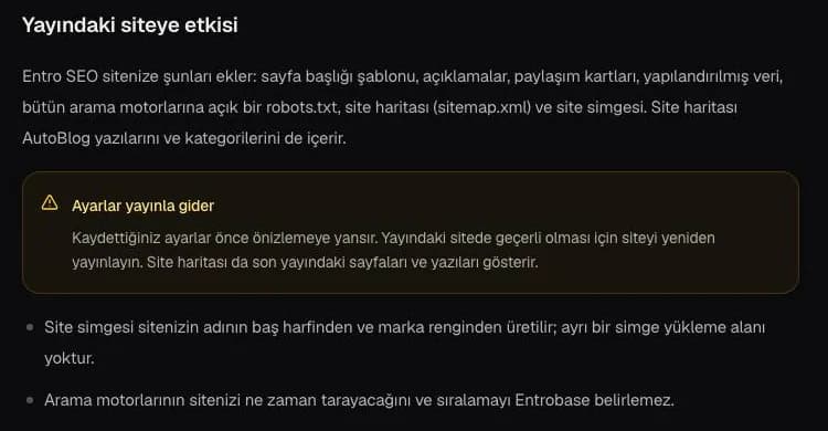 Entrobase belgesinde Yayındaki siteye etkisi bölümü: Entro SEO'nun eklediği robots.txt ve site haritası, ayarların yeniden yayınla geçerli olduğunu söyleyen uyarı kutusu