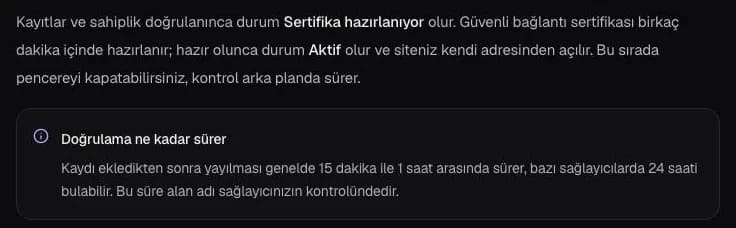 Entrobase alan adı belgesinde kayıtlar doğrulanınca durumun Sertifika hazırlanıyor, sonra Aktif olduğunu anlatan paragraf ve doğrulama süresi kutusu