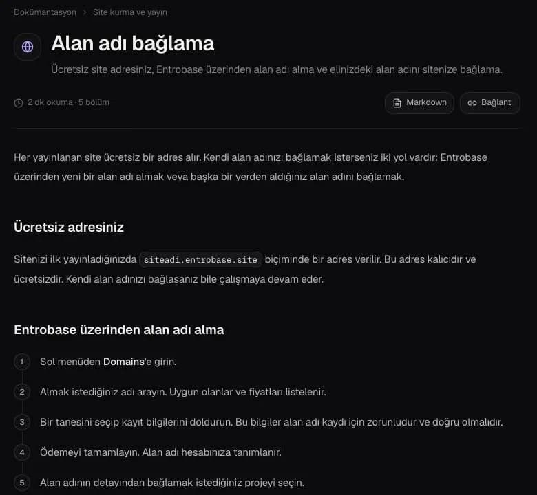 Entrobase belgesinde ücretsiz site adresi ve Entrobase üzerinden alan adı alma adımları