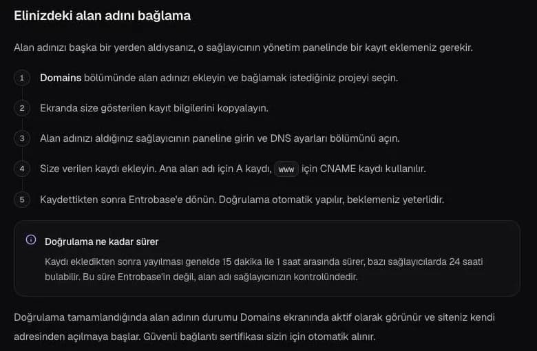 Başka firmadan alınmış bir alan adını A ve CNAME kaydıyla bağlama adımları ve doğrulama süresi