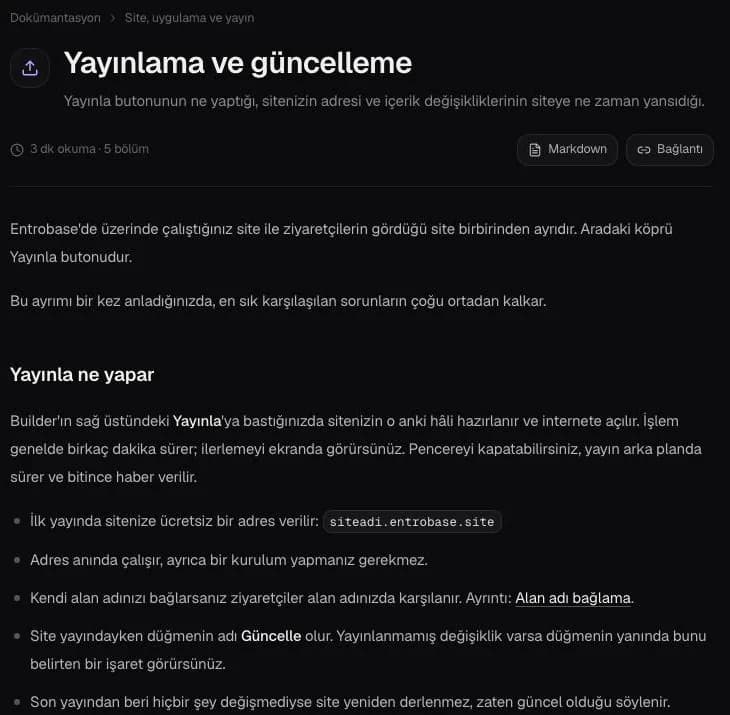 Entrobase Yayınlama ve güncelleme belgesi: çalışılan site ile ziyaretçinin gördüğü sitenin ayrı olduğu, Yayınla düğmesi ve ücretsiz siteadi.entrobase.site adresi