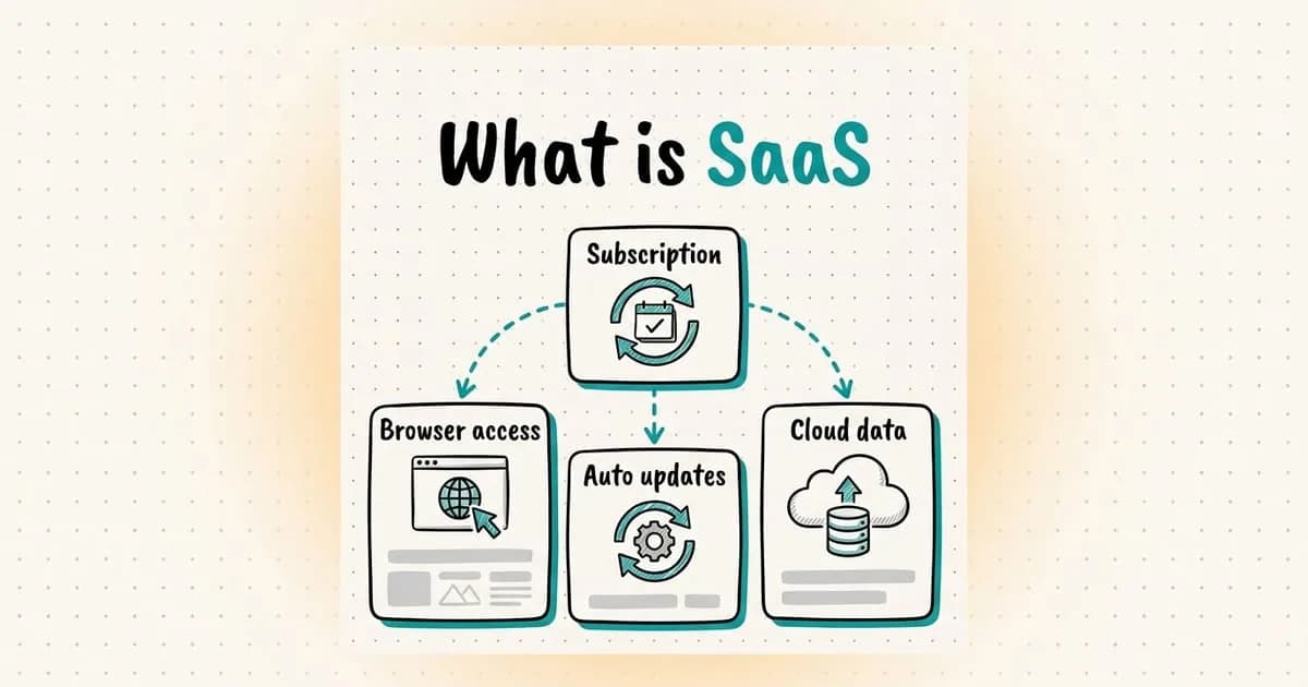Hand-drawn diagram on dotted paper: under the title What is SaaS, a subscription box branches with dashed arrows to browser access, auto updates and cloud data