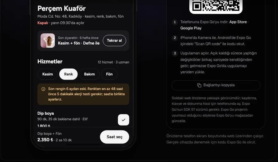 Entrobase şablon sayfasında randevu uygulamasının telefon önizlemesi ve Expo Go ile telefonda açmak için QR kod adımları