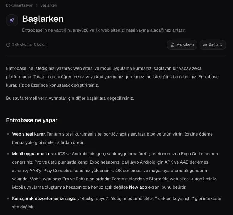 Entrobase Başlarken belgesinde web sitesi kurma ve mobil uygulama kurma maddelerinin yer aldığı bölüm
