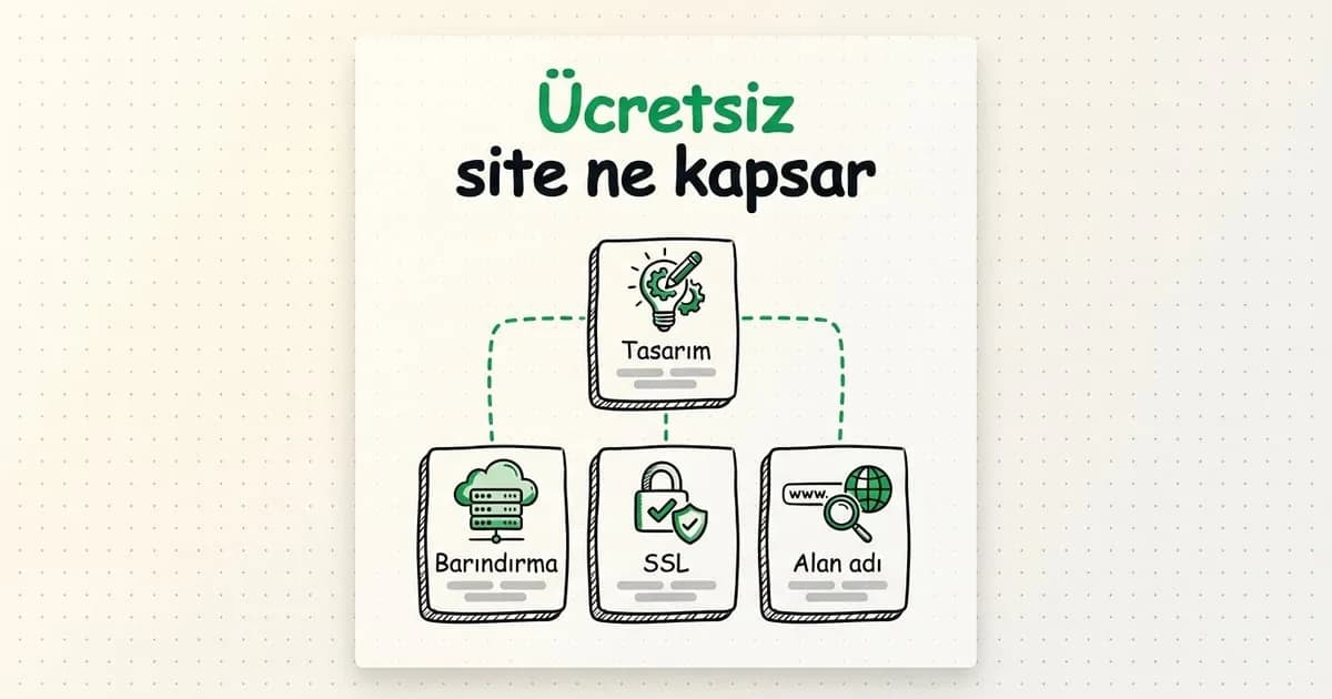 El çizimi tahtada ücretsiz bir sitenin parçaları: tasarım, barındırma, SSL ve alan adı