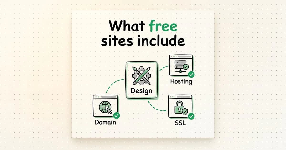 Hand-drawn board showing the parts of a free website: design, hosting, SSL and domain