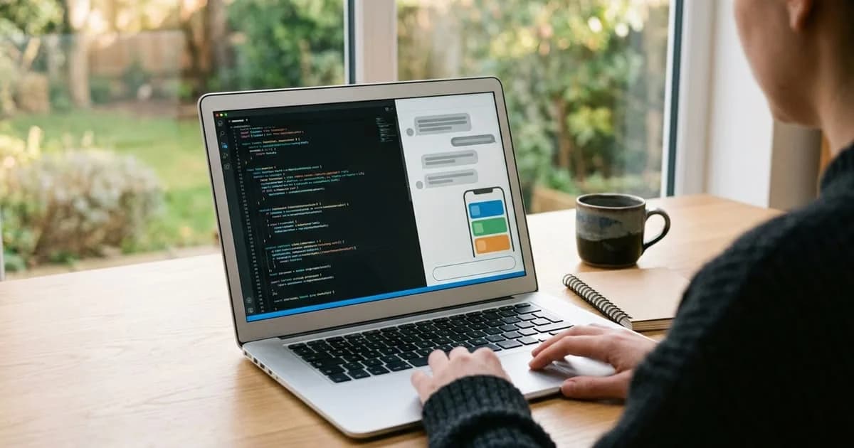 A laptop showing a code editor on the left and an AI chat with a small app preview on the right